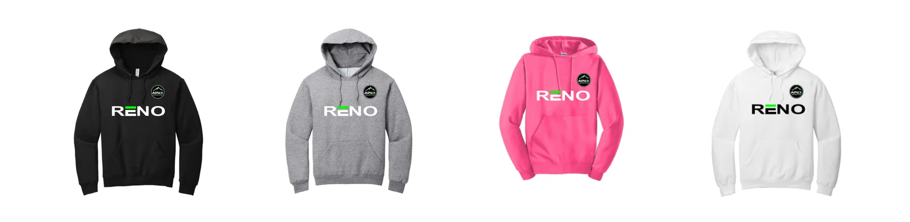 Reno Apex fan hoodies in black, grey, pink and white, each with the RENO wordmark and APEX club badge
