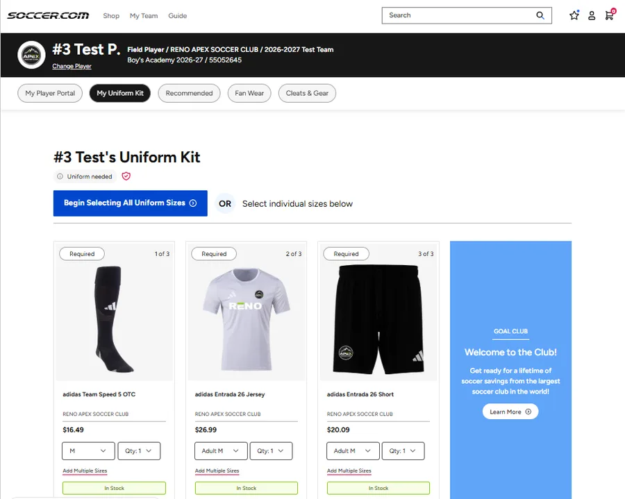 The Reno Apex uniform kit on soccer.com, showing the required adidas socks, jersey and shorts with prices, sizes and stock status